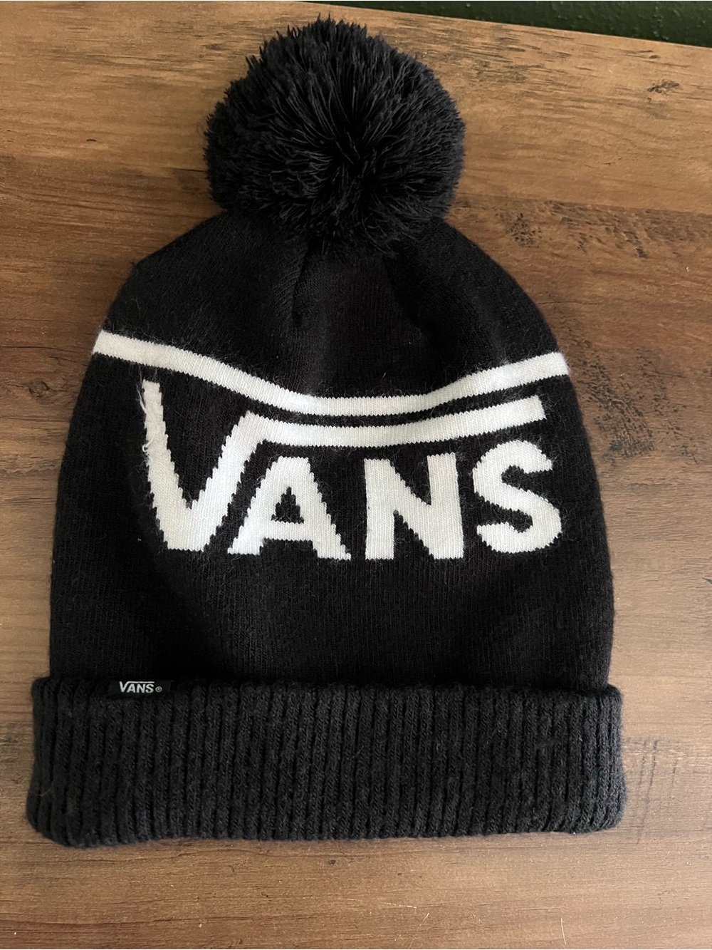 Vans Black Beanie with White Logo Pom